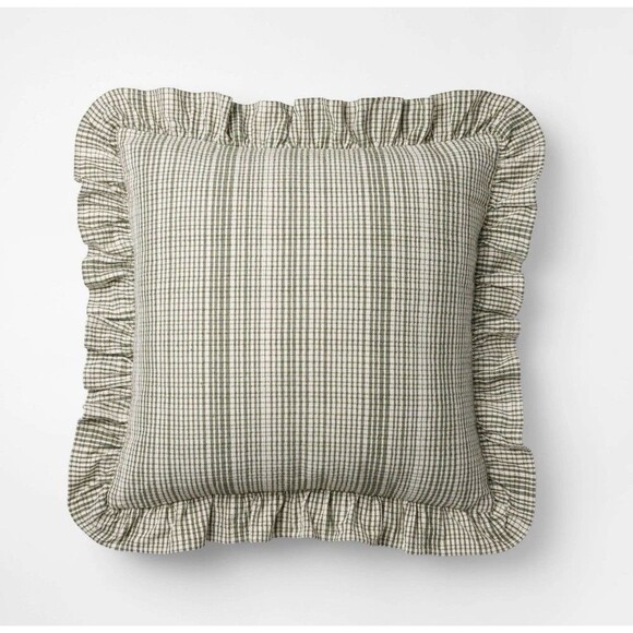 Threshold Studio McGee 24x24 Uneven Plaid Ruffle Pillow Green Tan NEW - Picture 1 of 5